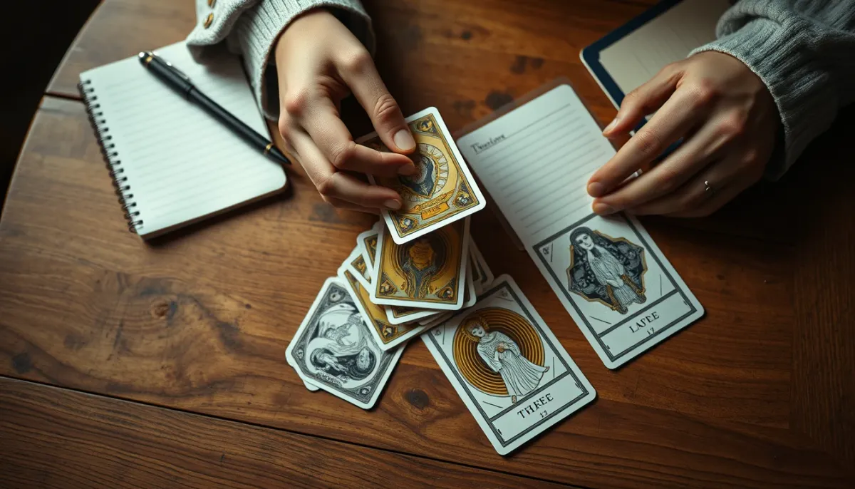 Mains mélangeant des cartes de tarot au-dessus d'une table en bois, illustrant l'aspect introspectif d'une consultation
