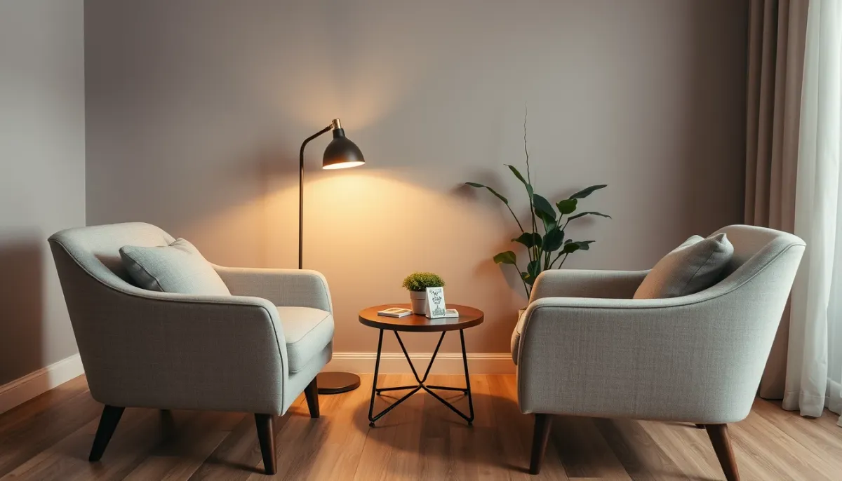Salle de consultation chaleureuse avec deux fauteuils, une table basse et un jeu de cartes, évoquant un espace de parole sécurisant