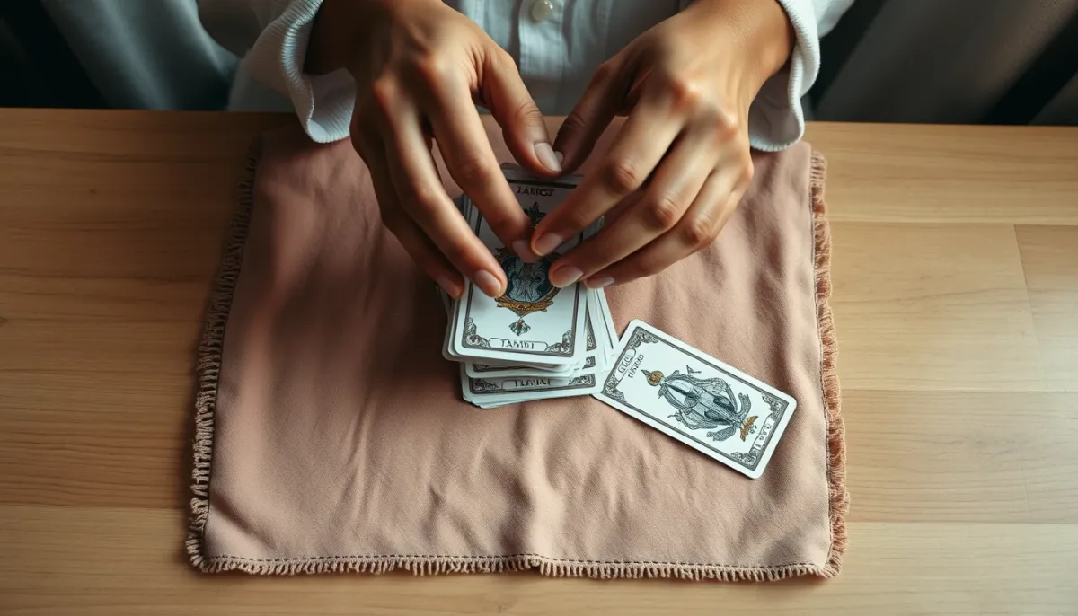 Mains mélangeant des cartes de tarot sur un tissu en velours, vue de dessus