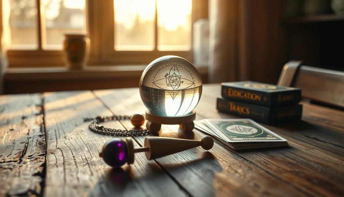 Nature morte d'outils de divination : boule de cristal, pendule et jeu de tarot sur une table en bois