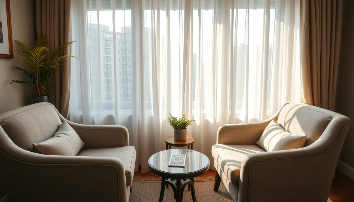 Salle de consultation accueillante avec deux fauteuils, une table basse et un jeu de tarot