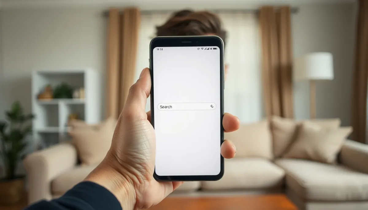 Main tenant un smartphone avec un écran de recherche, symbolisant la vigilance avant de consulter