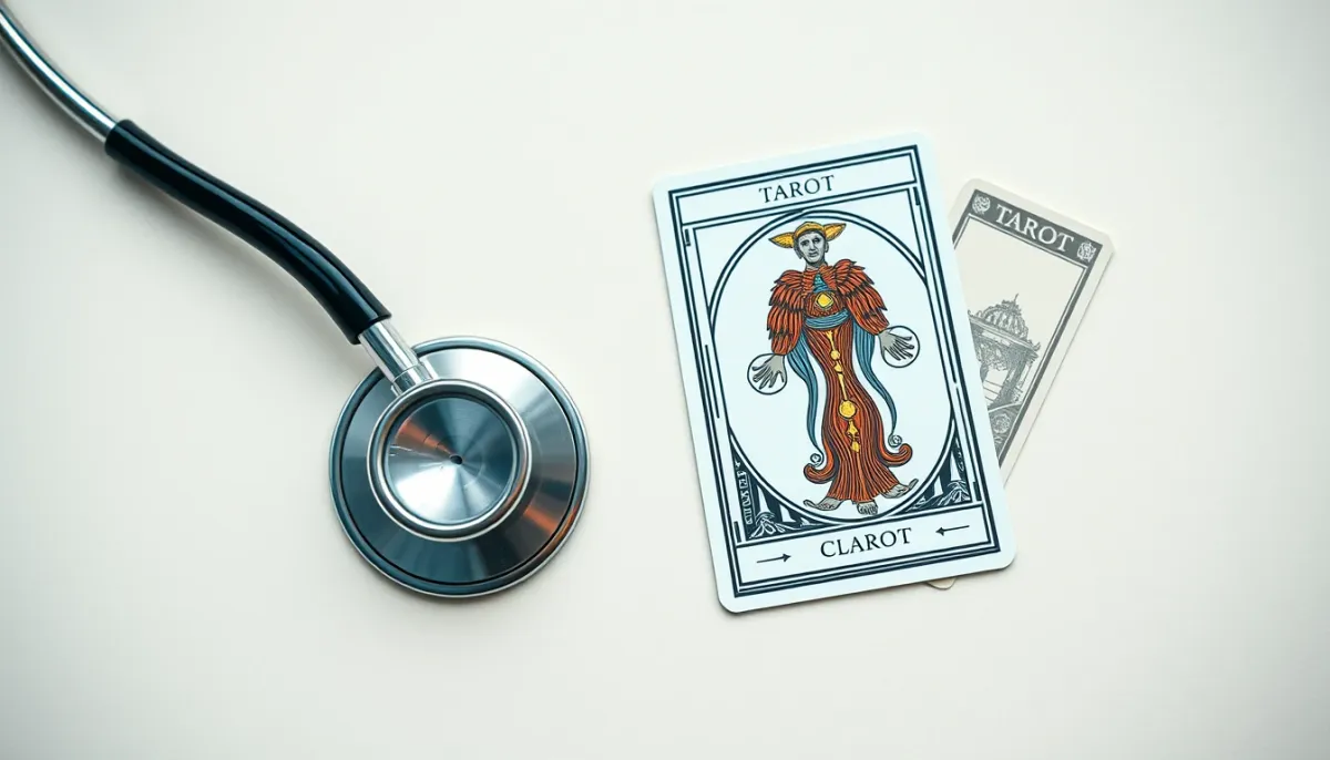 Stéthoscope et cartes de tarot côte à côte illustrant la frontière entre médecine et voyance