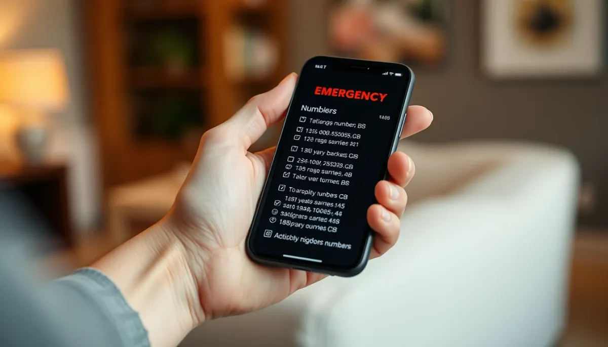 Personne consultant une liste de numéros d'urgence sur son téléphone