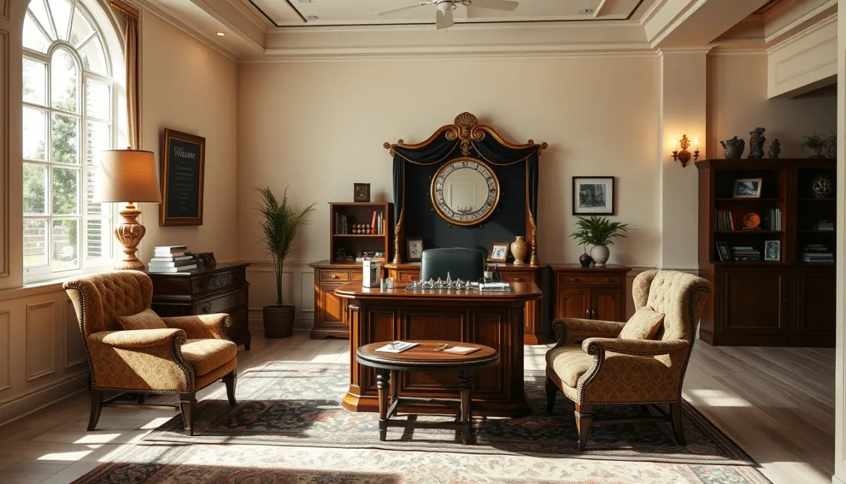 Cabinet de voyance accueillant et professionnel avec bureau et fauteuils confortables