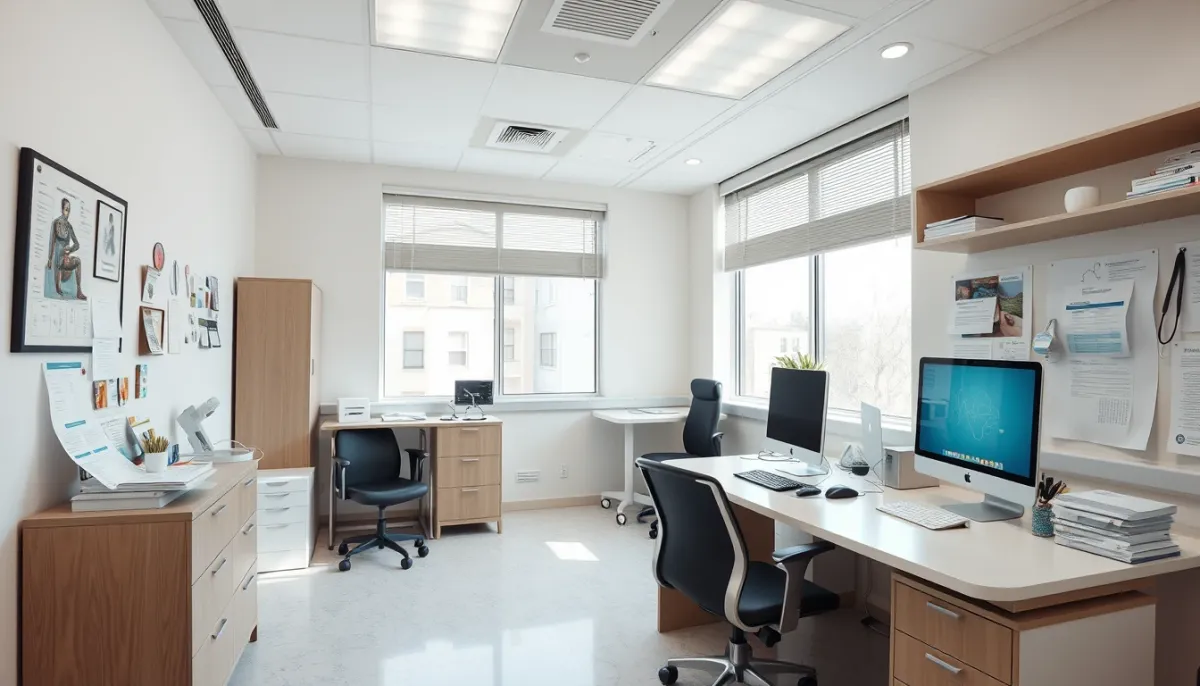Cabinet médical lumineux et professionnel avec bureau et matériel médical