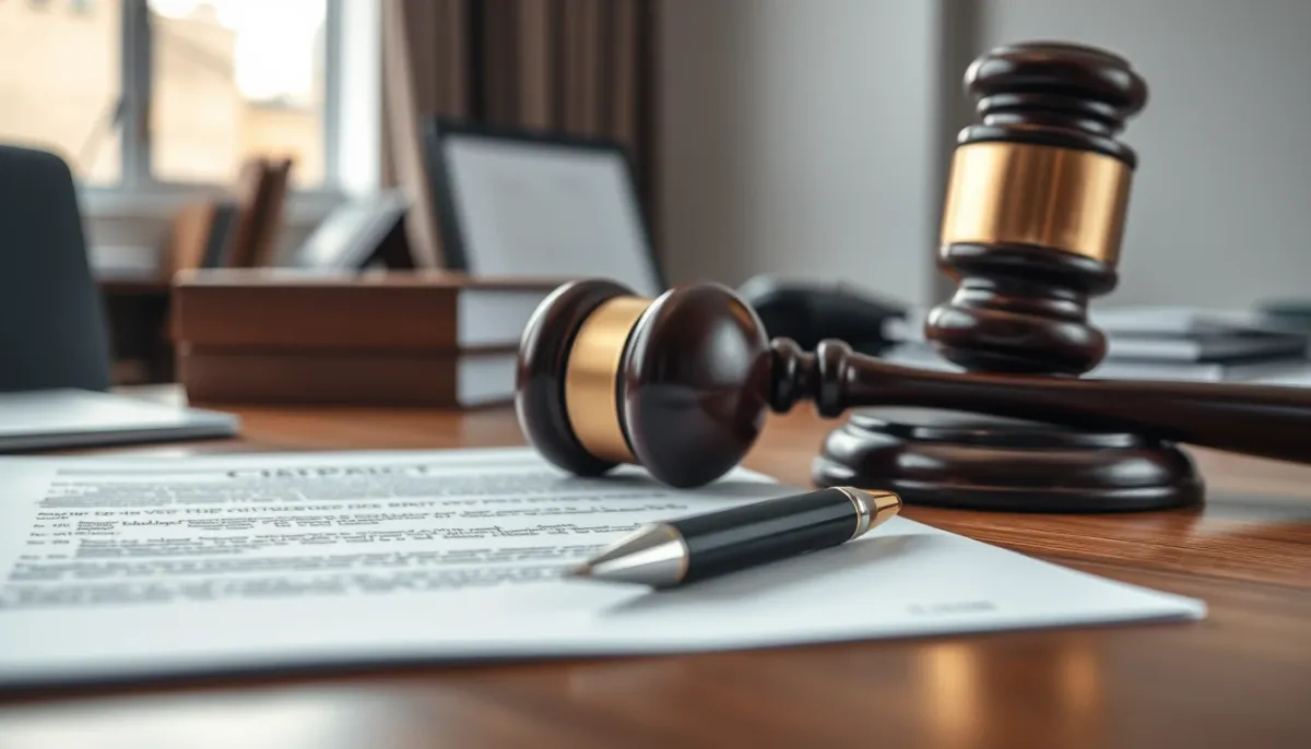 Documents juridiques et marteau de justice sur un bureau, symbolisant le cadre légal des contrats