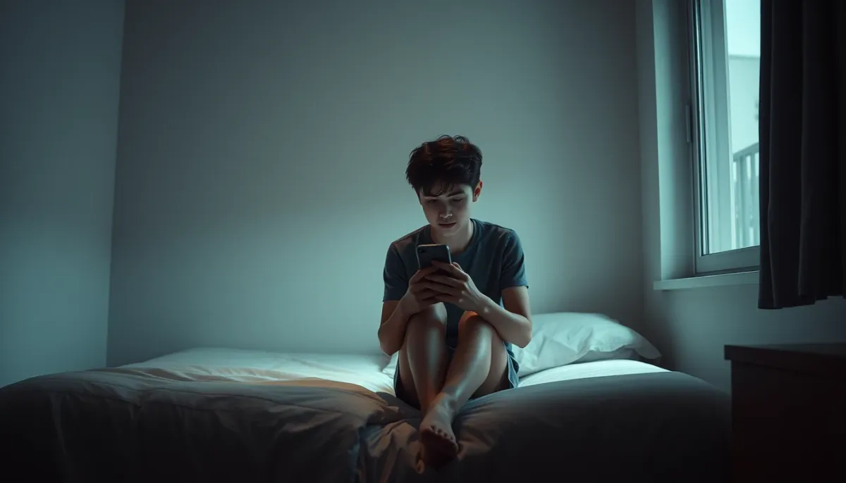 Adolescent seul dans sa chambre, regardant son téléphone, illustrant les risques de la voyance pour les jeunes