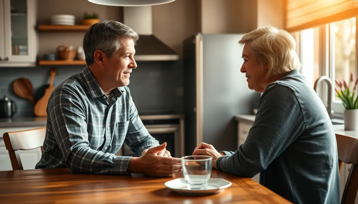 Parent et adolescent discutant à la table de la cuisine, dans une ambiance chaleureuse et ouverte